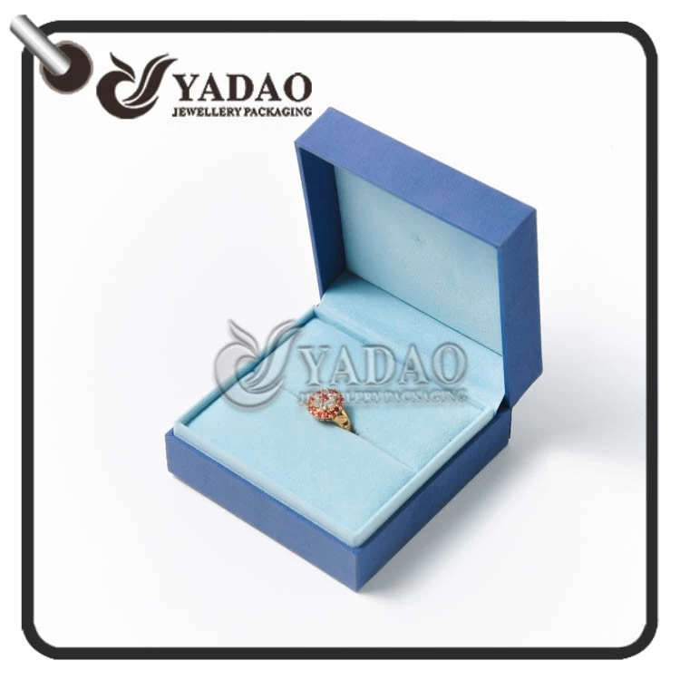 Quite beautiful blue plastic ring box with soft inside velvet and hot stamping logo made in Yadao