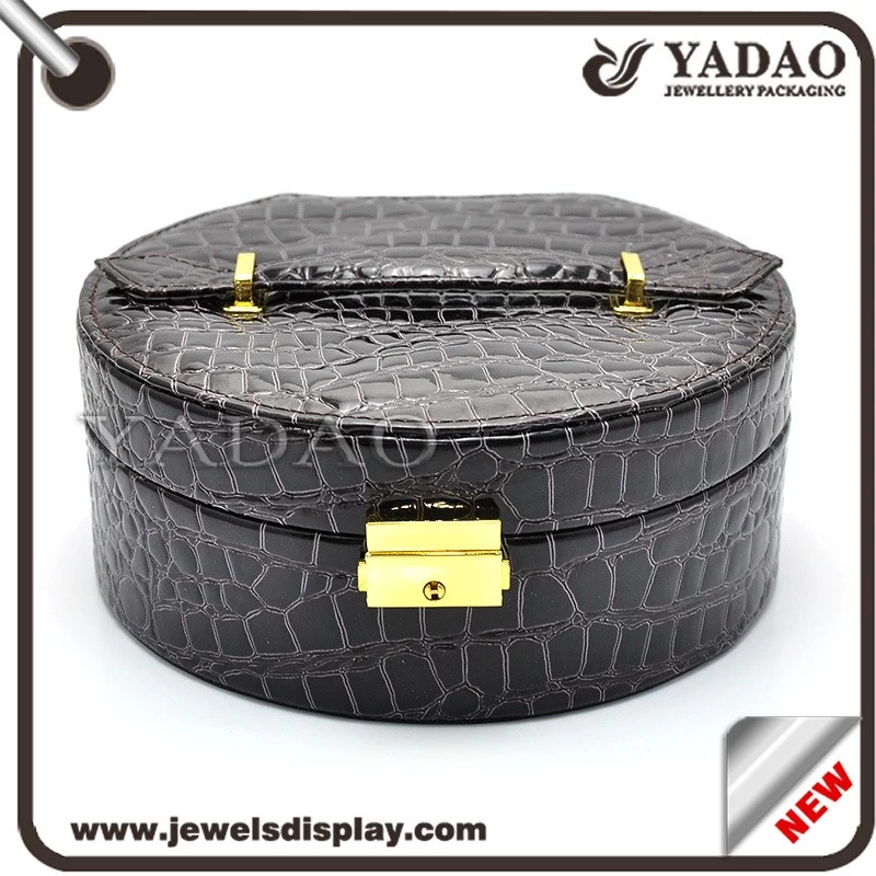 Round black lining leather antique mirror locking jewelry leather plastic box with handle