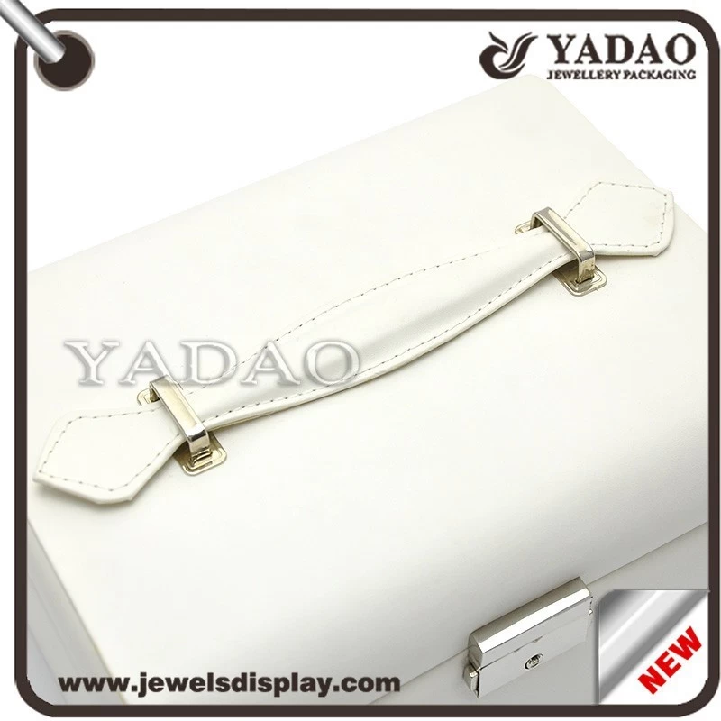 White leather without lines jewelry packaging box with drawer and mirror