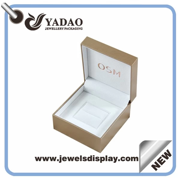 Wholesale China factory gold color leatherette paper plastic jewellery boxes with custom rose gold hot stamping logo ring packing  boxes