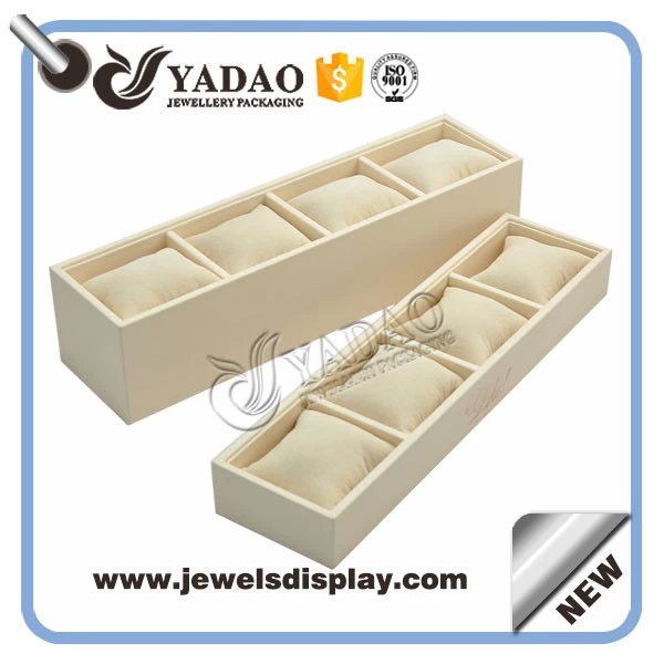 Wholesale custom cream color PU leather jewelry and watch display trays with velvet pillow and custom gold hot stamping logo