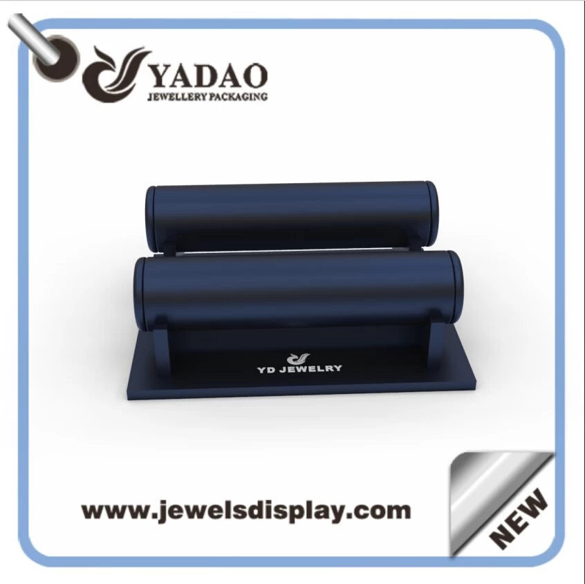 Wholesale custom logo MDF wrapped with blue PU leather bangle displays for shop window and counter exhibitor bracelet showcase holder