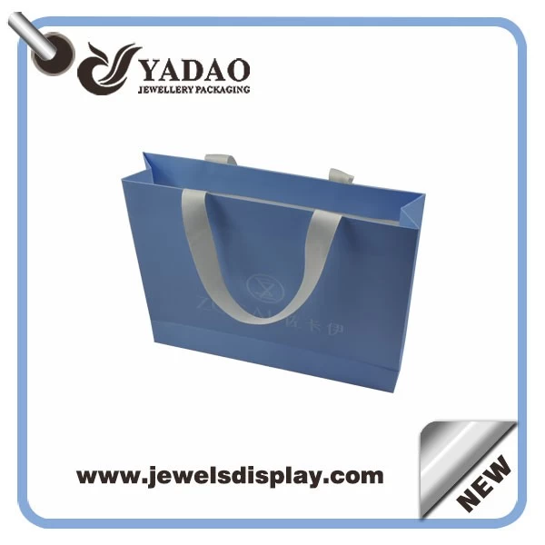 Wholesale custom logo blue shopping bags for jewelry and cosmetic packing  strong paper gift handbag