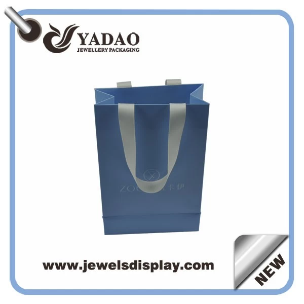 Wholesale custom logo blue shopping bags for jewelry and cosmetic packing  strong paper gift handbag