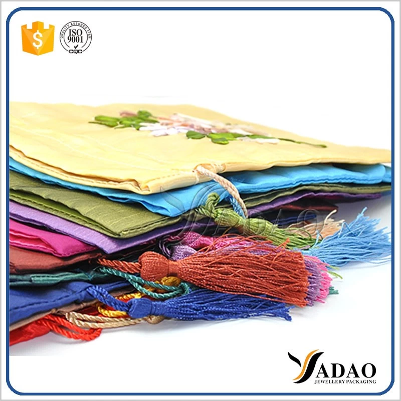 Wholesale retro chinese style colorful custom small satin pouch with drawstrings for jewelry packaging