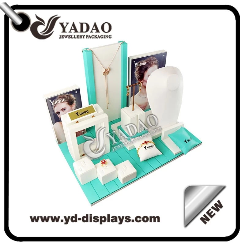 Yadao Spring Series custom made white and mint fresh leatherette  jewelry display set for jewelry counters and showcase.