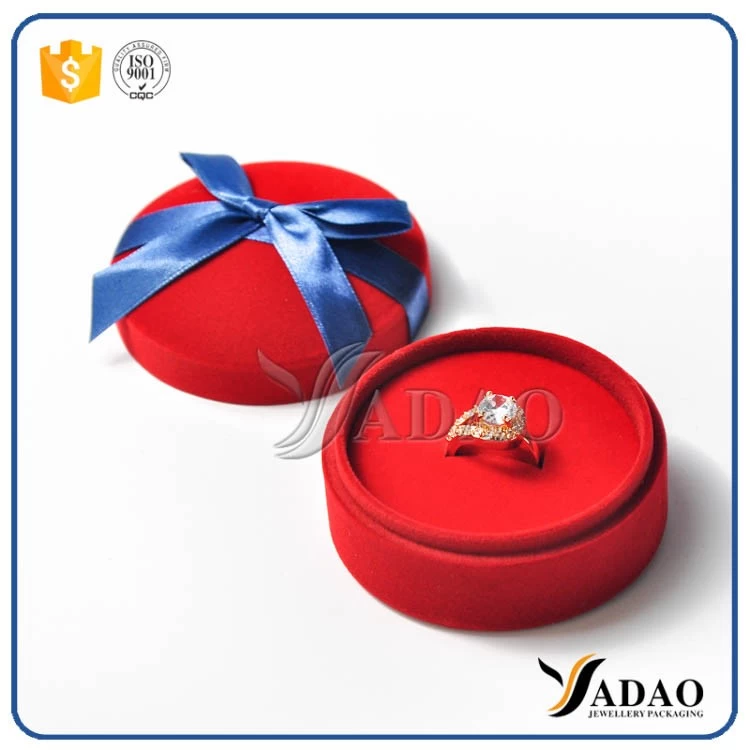attractive romantic cute warm round modesty red  flocking box with blue ribbon for child jewels wholesale from Yadao