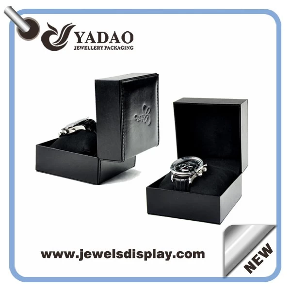 black plastic packaging watch box stitching finish in leather paper cover