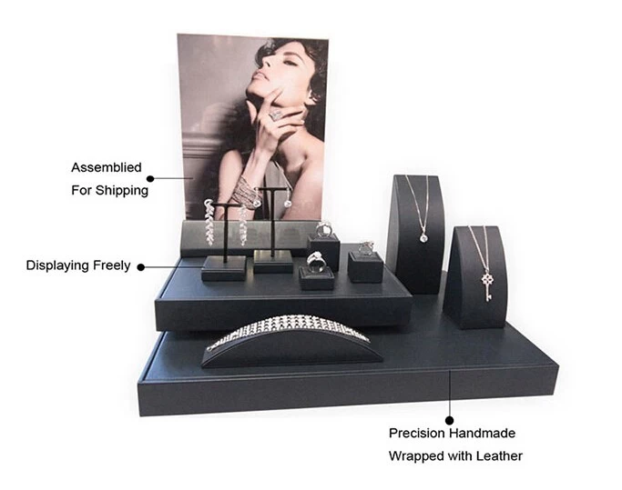 customize black pu leather jewellery counter display wooden jewelry shop window display stands
