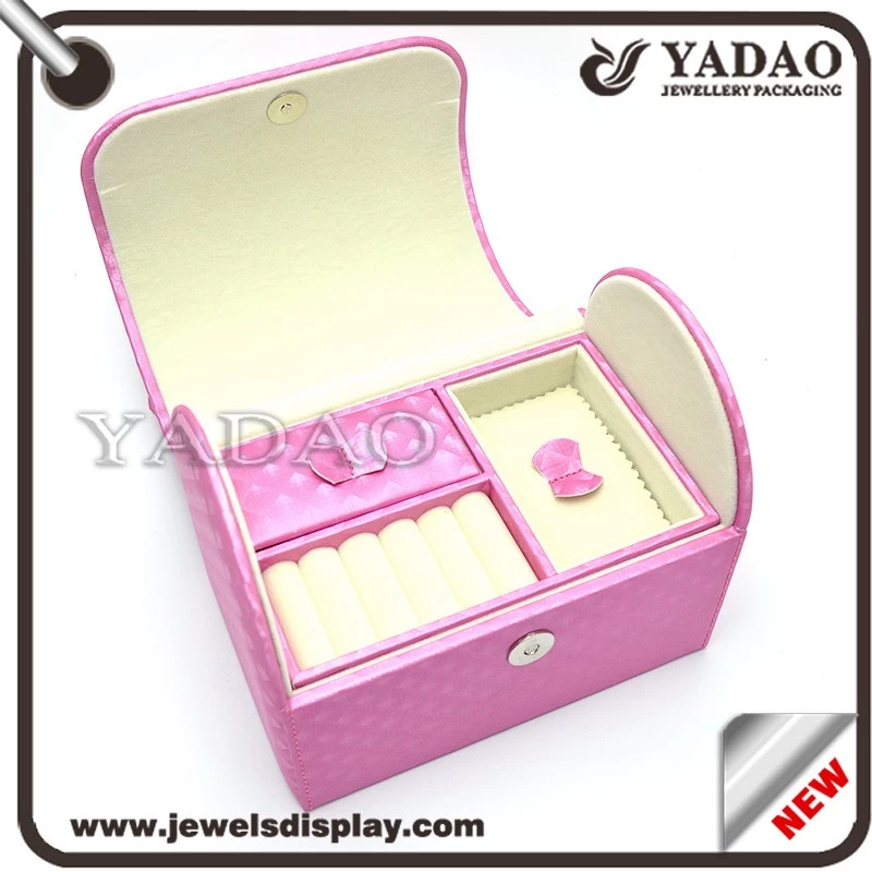pink color leather cover wooden jewelry storage case wooden packaging box with multi-function inserts for rings, earring necklace jewels storage