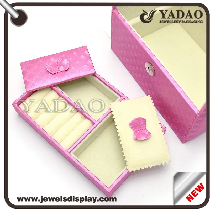 pink color leather cover wooden jewelry storage case wooden packaging box with multi-function inserts for rings, earring necklace jewels storage