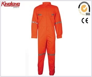 China Canvas fabric orange color polyester work coveralls,China supplier reflective tape workwear coverall manufacturer