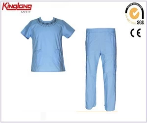 China China beautiful and elegant  blue scrub, 65%polyester35%cotton fabric embroidery suits manufacturer