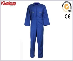China Fashion design elastische taille messing rits overall, lange mouwen twee borstzakken blauwe overall fabrikant