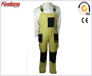 China Green and black color combination working bib overalls,Polyester cotton fabric workwear bib pants manufacturer