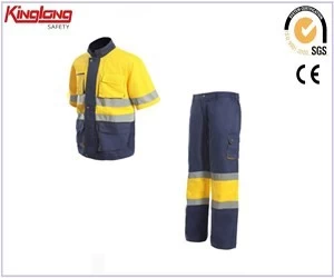 China High visibility fuo yellow reflecting suit, chest pockets shirt elastic waist pant suit uniform manufacturer