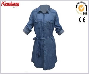 China New style ladies denim dress supplier,China garments manufacturer long shirt manufacturer