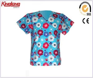 China Popular short sleeves flowers top, 65%poly35%cotton fabric printed top manufacturer