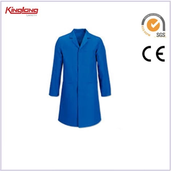 Kiina Suosittu tyyli toiminnallinen anti acid laboratoriotakki, pitkät hihat yksiriviset napit sininen takki valmistaja