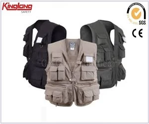 China Spring style no sleeves multi pockets vest, tool pockets nylon zipper grey vest manufacturer