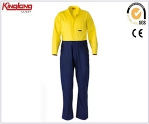 China Yellow and navy color combination workwear coveralls,High quality outdoor mens working uniforms manufacturer