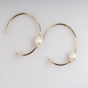 2014 fashion jewelry gold big round single pearl hoop earrings