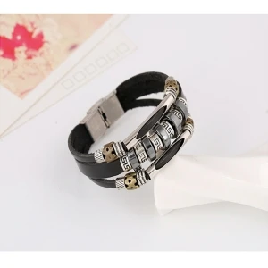 2018 New Trend Men's Leather Beaded Bracelets Handmade Beaded Leather Bracelets for Boy with Metal Clasp