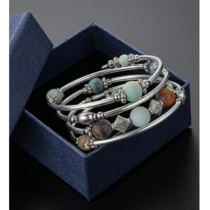 Beaded Pearl Bangle Wrap Bracelet ,Fashion Bohemian Jewelry Multilayer Charm Bracelet with Thick Silver Metal Beads