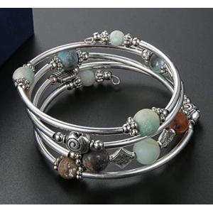 Beaded Pearl Bangle Wrap Bracelet ,Fashion Bohemian Jewelry Multilayer Charm Bracelet with Thick Silver Metal Beads