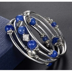 Beaded Pearl Bangle Wrap Bracelet ,Fashion Bohemian Jewelry Multilayer Charm Bracelet with Thick Silver Metal Beads