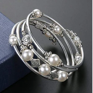Beaded Pearl Bangle Wrap Bracelet ,Fashion Bohemian Jewelry Multilayer Charm Bracelet with Thick Silver Metal Beads