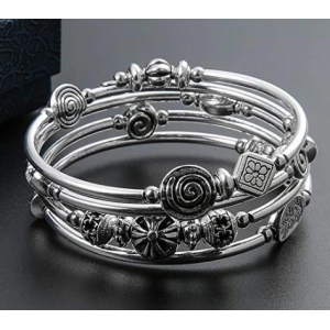 Beaded Pearl Bangle Wrap Bracelet ,Fashion Bohemian Jewelry Multilayer Charm Bracelet with Thick Silver Metal Beads