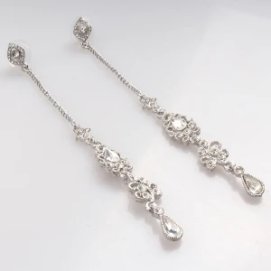 Beautiful silver filigree long drop crystal earrings designs E30097