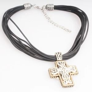 Black Leather Cords Cross Pendant Necklace