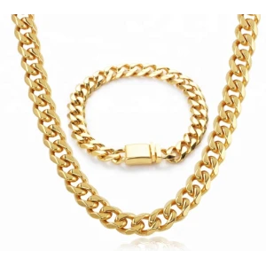 China Jewelry Wholesale Stainless Steel 18K Gold Plated Cuban Link Chain Jewelry Set