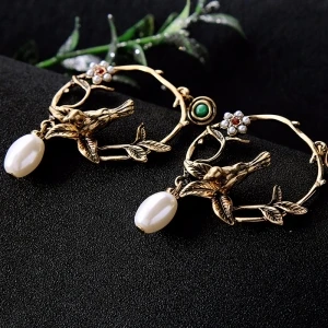 Gold Color Birds Flowers Big Earrings for Women New Design Cute Fashion Jewelry