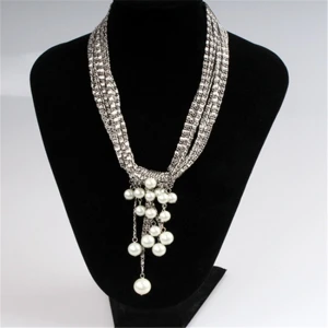 Guangzhou market fashion jewelry white gold plated  metal brass chain link charm pearl tassel necklace