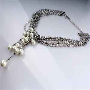 Guangzhou market fashion jewelry white gold plated  metal brass chain link charm pearl tassel necklace