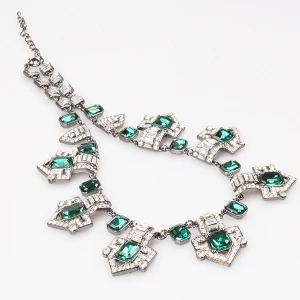 Gun Metal Chain White and Green Crystal Necklace