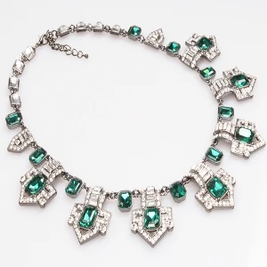 Gun Metal Chain White and Green Crystal Necklace