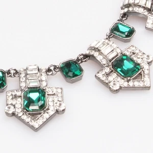 Gun Metal Chain White and Green Crystal Necklace