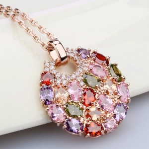 Hot Sale Rose Gold Plated Multicolor Top Cubic Zircon Paved Big Round Pendant Necklace