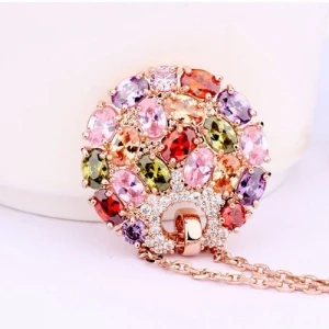 Hot Sale Rose Gold Plated Multicolor Top Cubic Zircon Paved Big Round Pendant Necklace