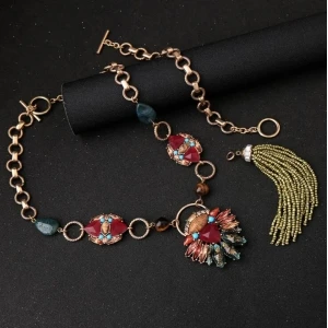 Sweet Candy Style Rhinestone Diamonds Tassel Sweater Necklace Green Beads Handmade Necklace Jewelry