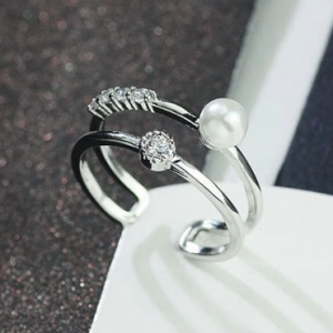 Wholesale copper alloy open love tiny zircon pearl designs double ring for woman