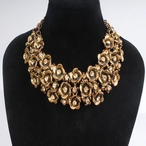 antique gold three layer metal flower chocker necklace N90084