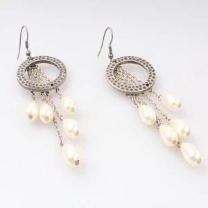 big round ring pink tear drop pearl piercing earrings E30040