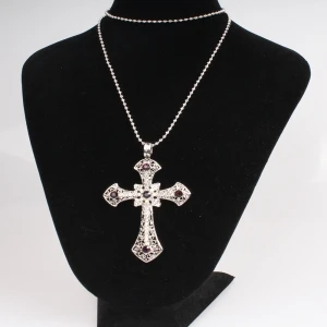 black rope chain fake crystal cross pendant necklace N90293