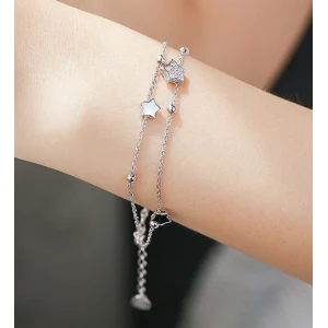 fashionable jewelry charm bracelet S925 sterling silver double layers stars chain bangle for girlfriend gift