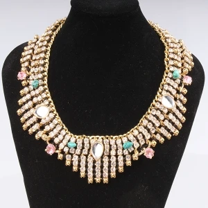 handmade rope crystal beaded turquoise bib necklace N90089